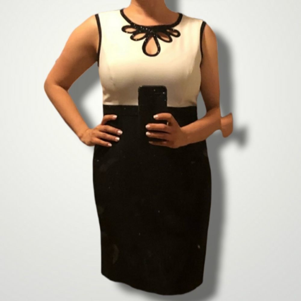 Adrianna Papell black and white block embellished beaded dress 2p